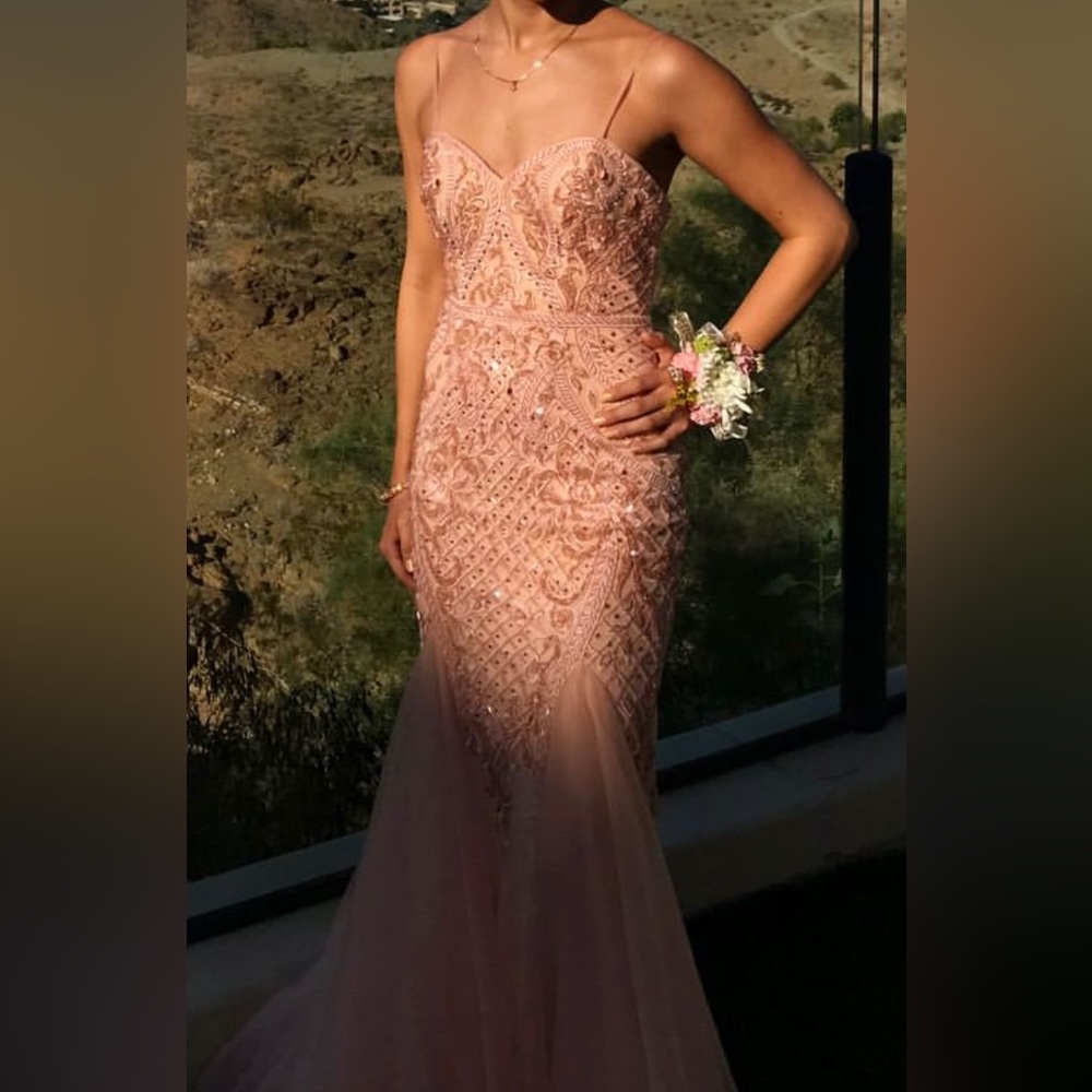 Camille La Vie Formal Dress, beaded blush/peach color